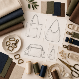Custom bag design sketches, fabric swatches, straps and hardware